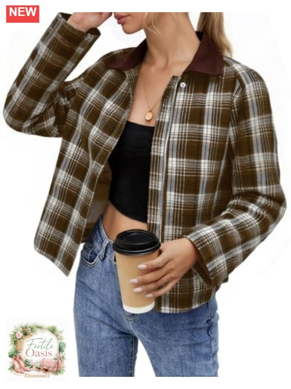 Women's Plaid Cropped Zip Up Utility Jacket with Side Pockets Casual